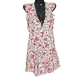 Hello Molly Far From Finished White V Neck Floral Mini Dress Ruffles & Tiers Sz